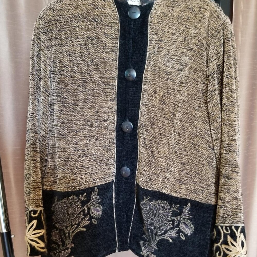 Quilted, Embroidered, Women's Evening Jacket, L/Black and Tan/Soutache trim/Warm